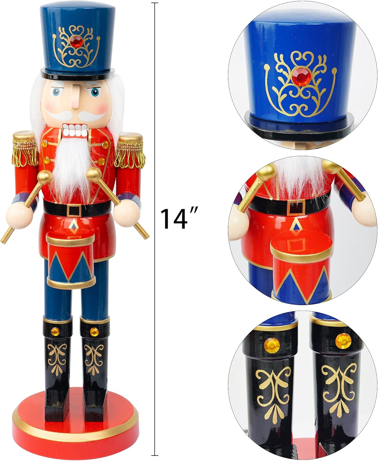 14" Christmas Decorative Nutcracker Figures, Wooden Red Drummer, Festive Collectible Nutcracker Gift for Indoor Winter Table Desktop Fireplace Decorations