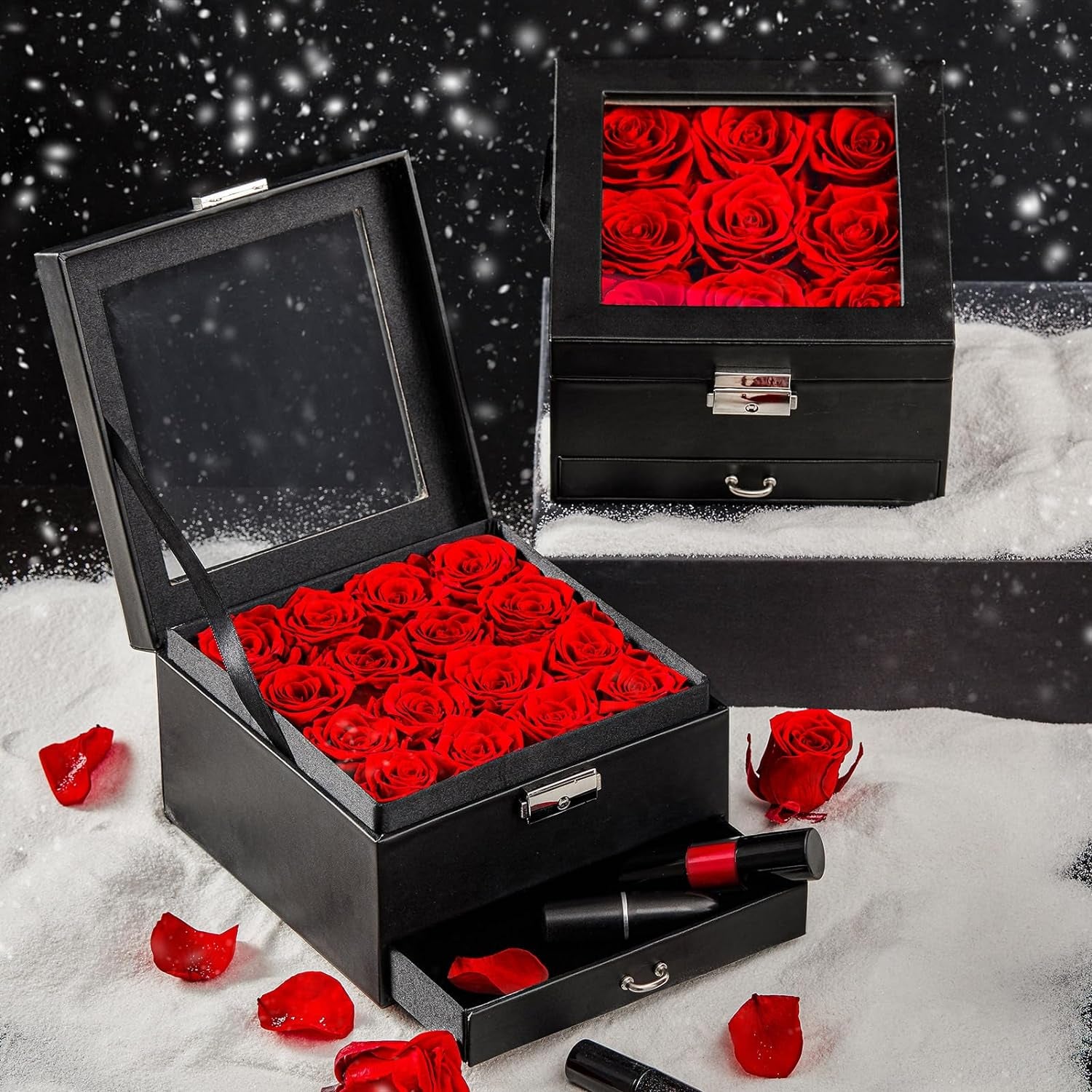 16-Piece Forever Flowers Gifts for Mother Wife Grandma Preserved Roses That Last over a Year Anniversary Birthday (Red, Black PU Jewelry Box)