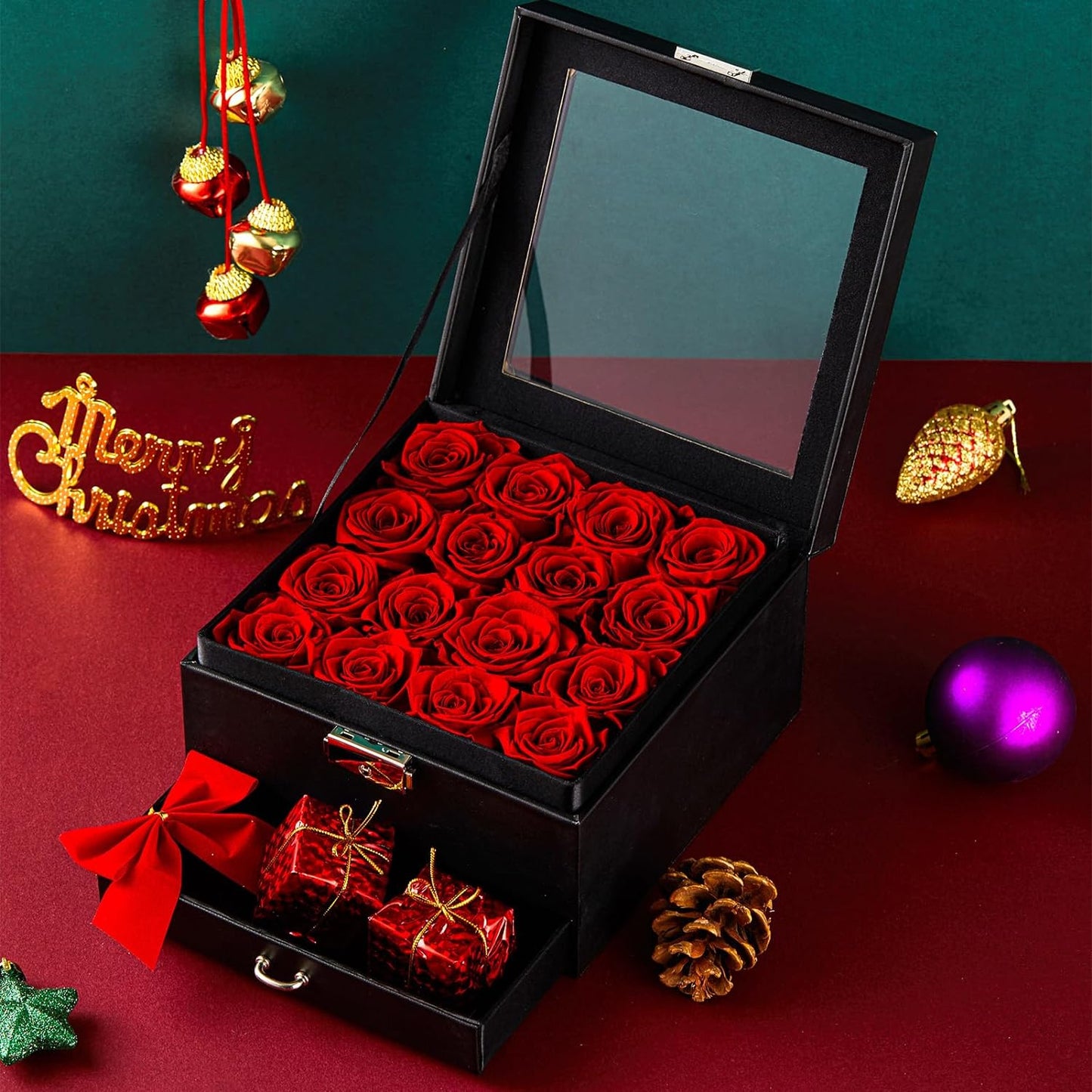 16-Piece Forever Flowers Gifts for Mother Wife Grandma Preserved Roses That Last over a Year Anniversary Birthday (Red, Black PU Jewelry Box)