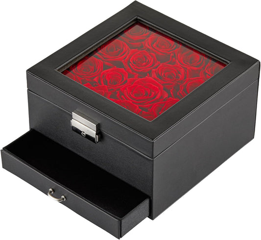 16-Piece Forever Flowers Gifts for Mother Wife Grandma Preserved Roses That Last over a Year Anniversary Birthday (Red, Black PU Jewelry Box)