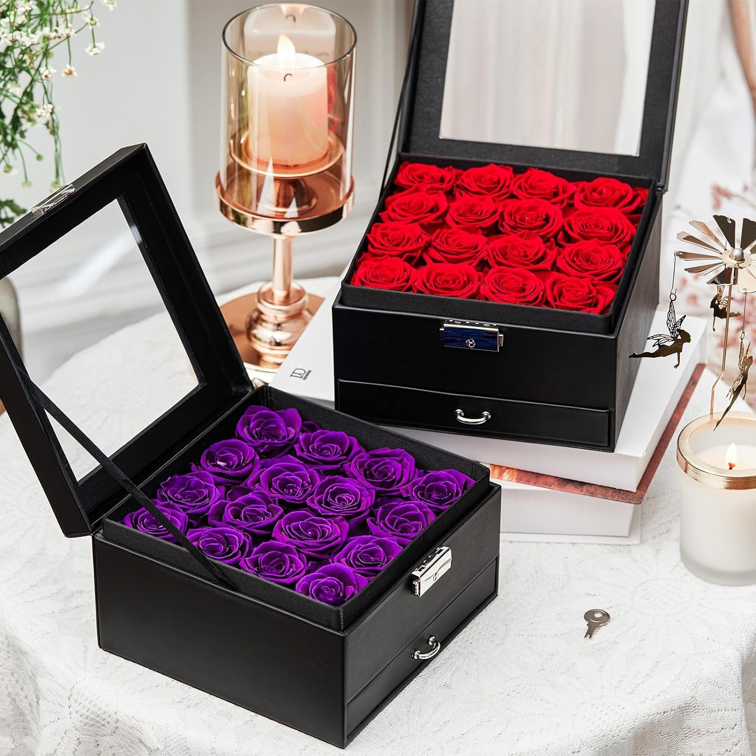 16-Piece Forever Flowers Gifts for Mother Wife Grandma Preserved Roses That Last over a Year Anniversary Birthday (Red, Black PU Jewelry Box)