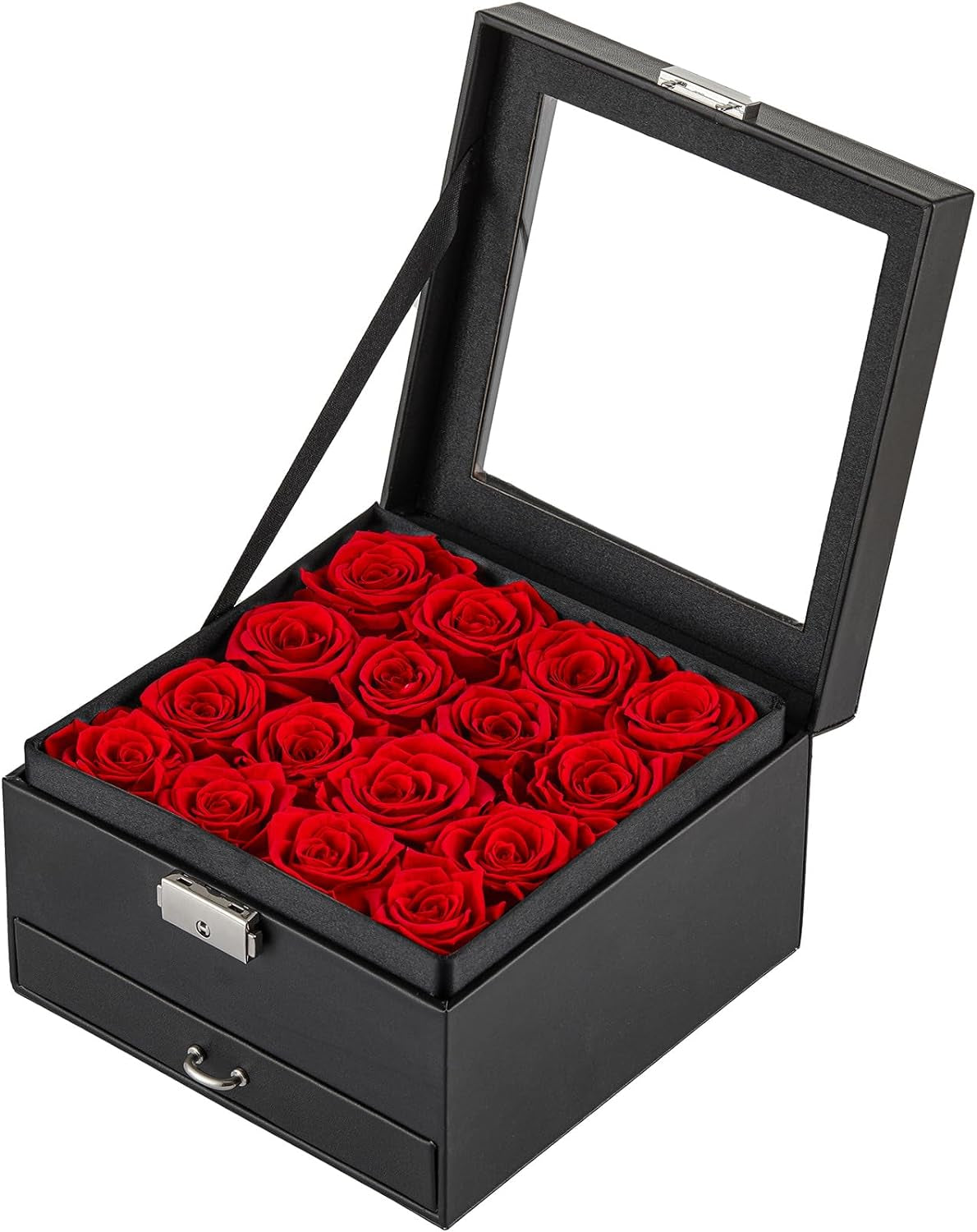 16-Piece Forever Flowers Gifts for Mother Wife Grandma Preserved Roses That Last over a Year Anniversary Birthday (Red, Black PU Jewelry Box)