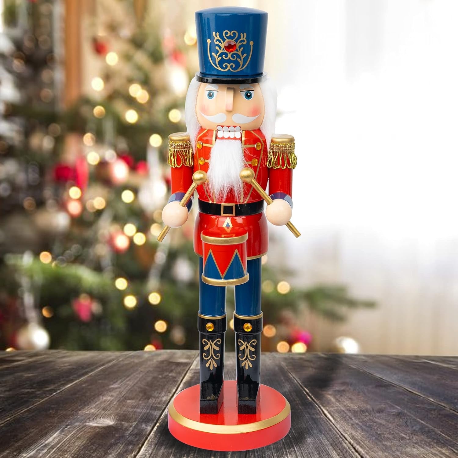 14" Christmas Decorative Nutcracker Figures, Wooden Red Drummer, Festive Collectible Nutcracker Gift for Indoor Winter Table Desktop Fireplace Decorations